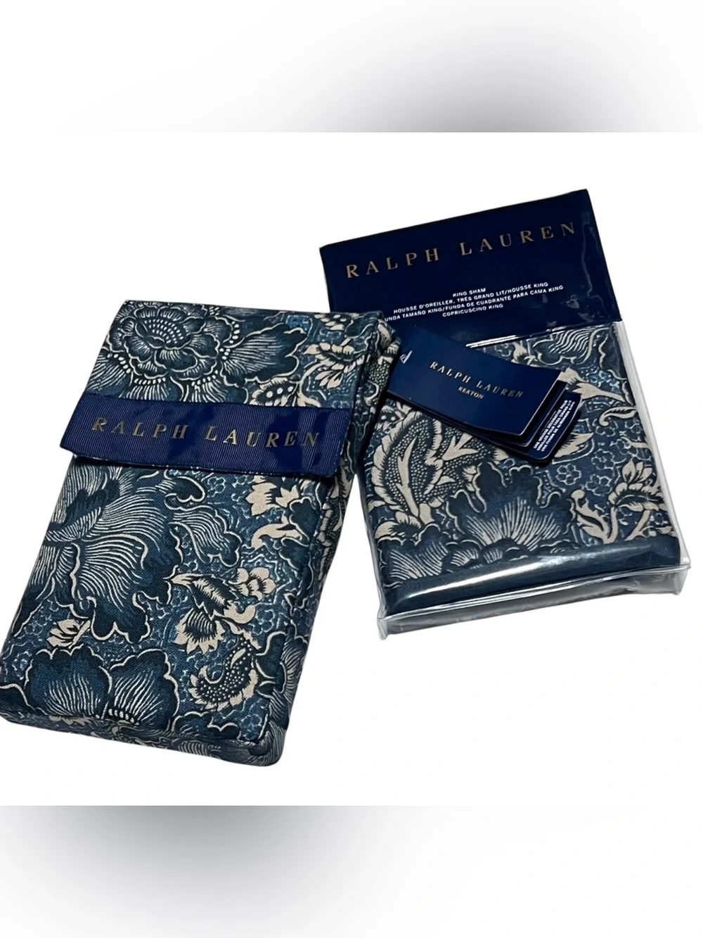 Ralph Lauren KING Shams KEATON Indigo Blue Floral Pair Jacobean Grandmillennial